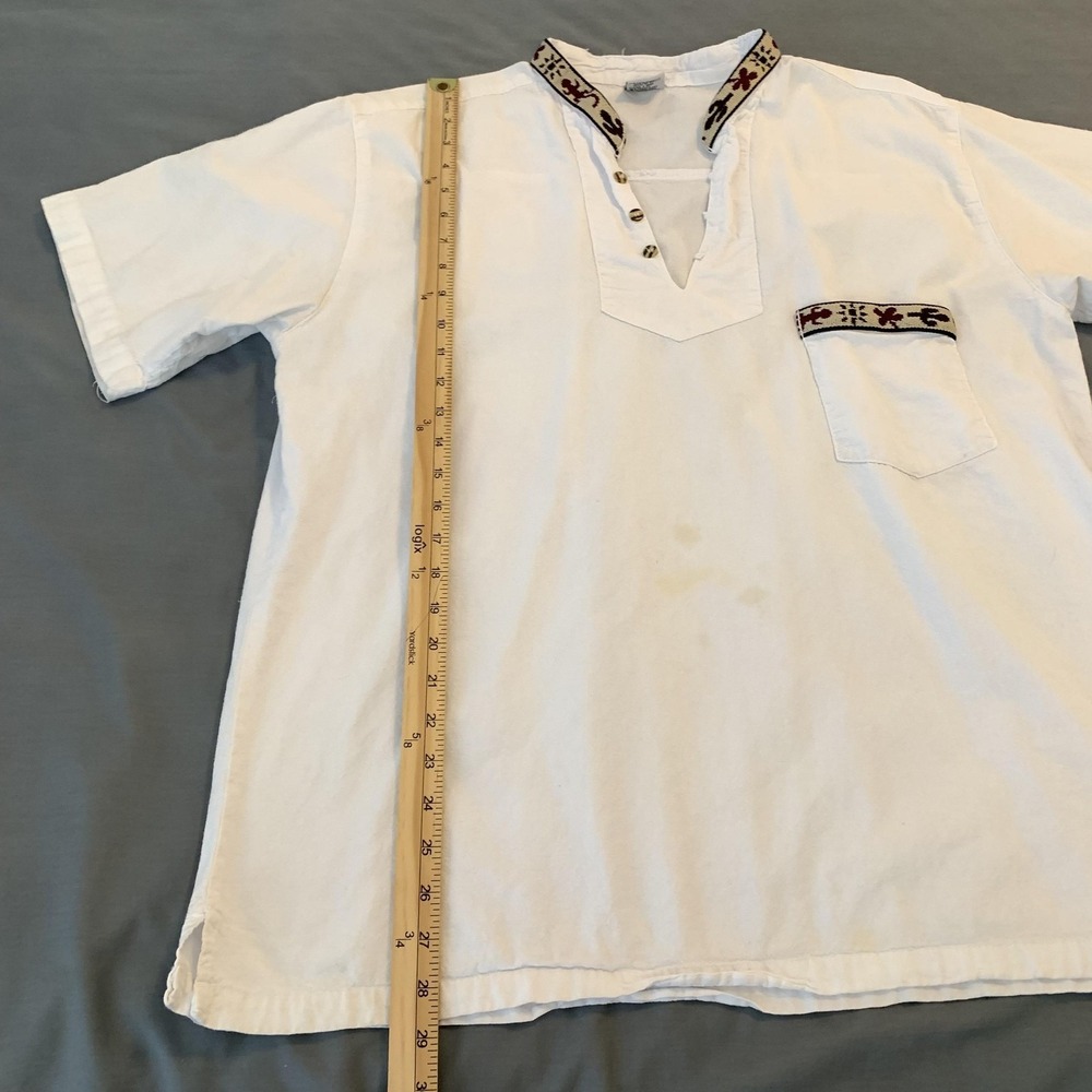 Adis Shirt Mens XL White Embroidered Band Collar Short Sleeve Beach Wear Cotton - Picture 7 of 9